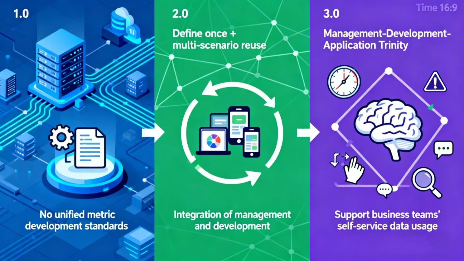 Three-generation evolution of metrics platforms from management to development to application